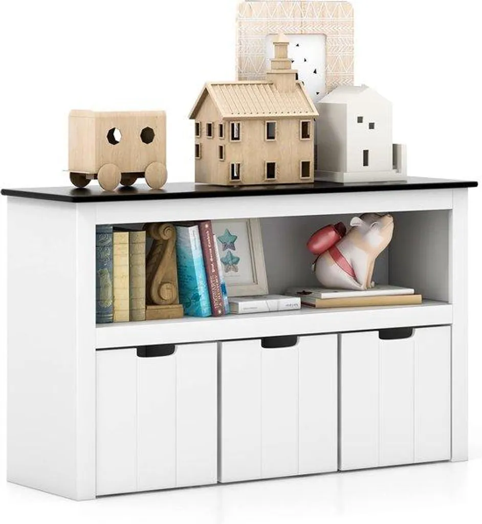 Meuble de rangement enfant en bois à roulettes blanc et noir 102cm