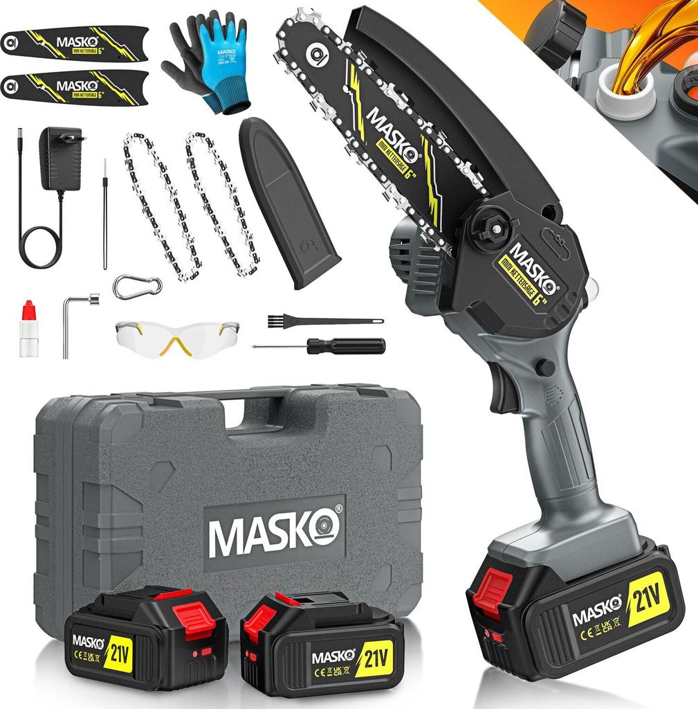 MASKO Mini-Kettensäge mit Akku 8000mAh | Handkettensäge Elektro mit 2 Akku 4000mAh für Gartenscheren/Astscheren/Holzschneiden | Motorsäge 800...
