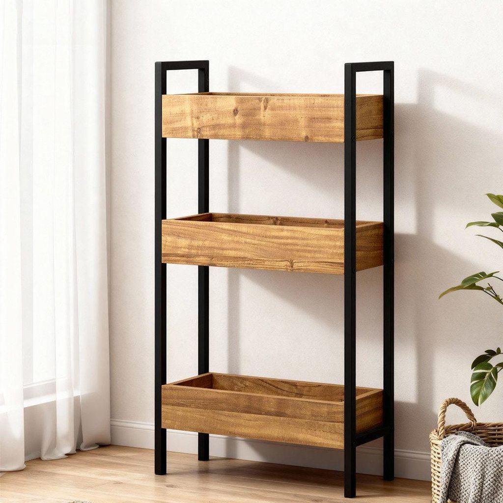 3-Ebenen Regal Mango-Holz Optik PB Ablage mit Metallrahmen Aufbewahrungskasten fuer Wohnzimmer Schlafzimmer Buecher Pflanzen Nachbildung Schwarz 40...