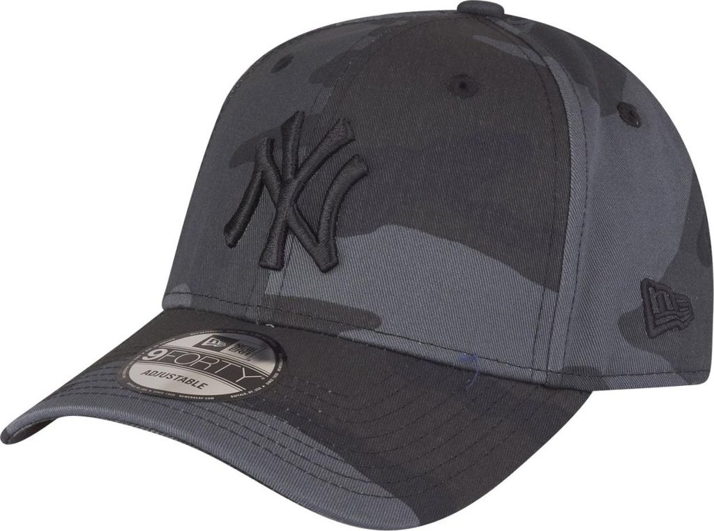 A close-up studio shot of a New York Yankees baseball cap with a camouflage pattern.