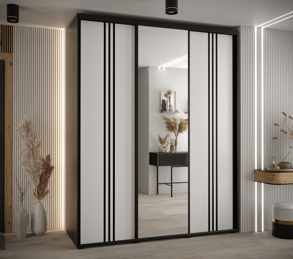 Kleiderschrank ASIRI 7 - 200/45 cm, schwarz/weiß/schwarz