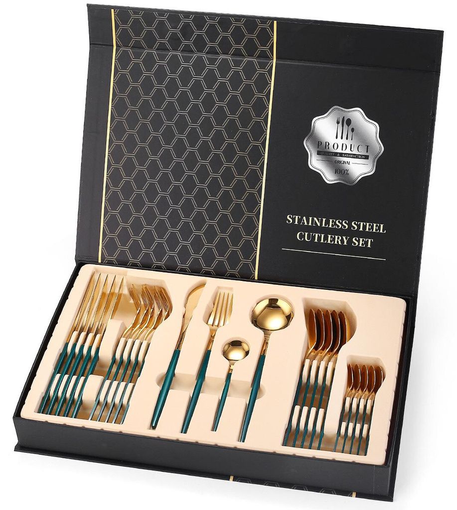 Besteck Set Edelstahl für 6 Personen 24-teiliges Besteckset hochglanzpoliert Spülmaschinenfest Luxury Box, Farben:Grün Gold