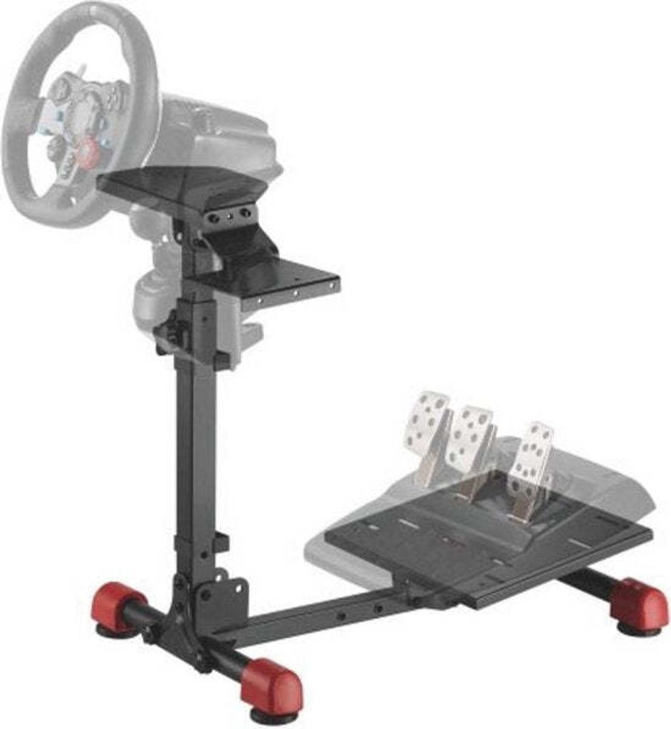 A racing wheel stand with pedals, shown in a studio setting against a white background.