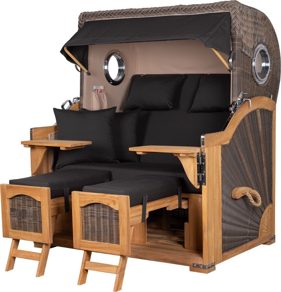 Strandkorb - bene living - Ammersee Grande XL Teak Bullauge - PE grau - Modell 548 - 2,5-Sitzer inkl. Liftersystem