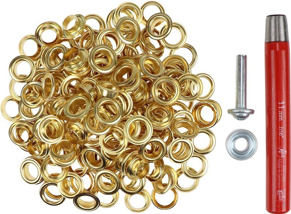 Großpackung Ösen 11 mm Inhalt 100 Stück + Locheisen + Ösenwerkzeug gold - Metallösen - Planenösen - Ösen für Zelte - Ösen Set - Ösen Set ...