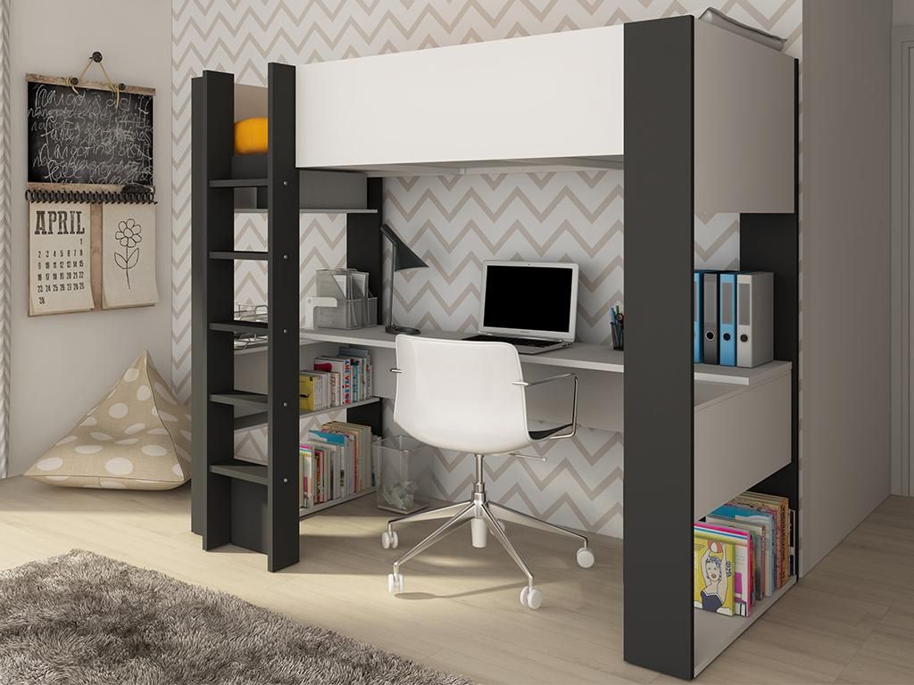 Lit surélevé avec bureau - 90 x 200 cm - Blanc & Anthracite Image du produit 
