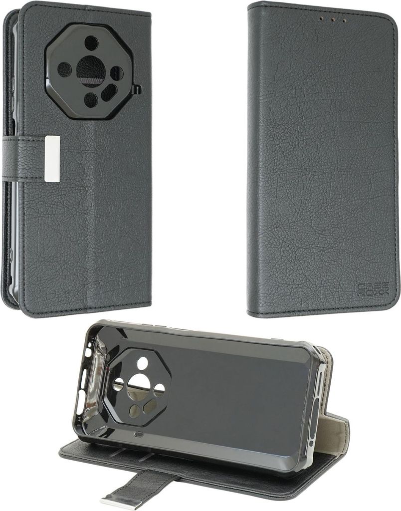 A collage of three images showing a black flip-style phone case from different angles.