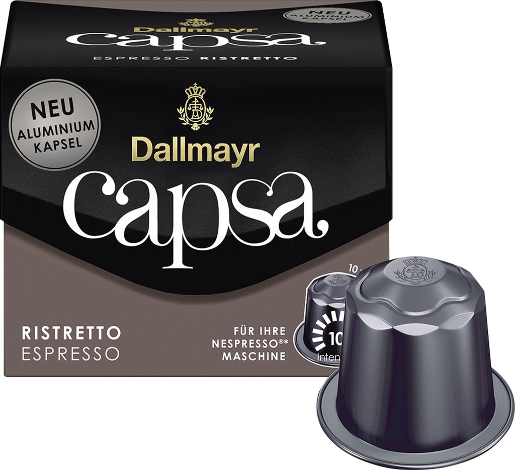 A product shot of Dallmayr Capsa Espresso Ristretto coffee capsules and their packaging.
