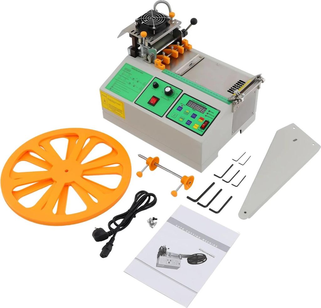 Automatische Band- und Schnurschneidemaschine - Heiß-/Kalt-Schneider - LCD - EU‐Stecker - Bis 96 mm Breite - Länge 1–99999 mm - 500 W - Weiß