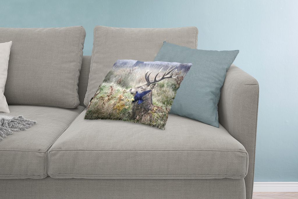 MuchoWow Zierkissen Sofakissen Wohnzimmer Dekokissen 60x40 cm Hirsch - Vogel - Wald - Kopfkissen - Polster mit Foto