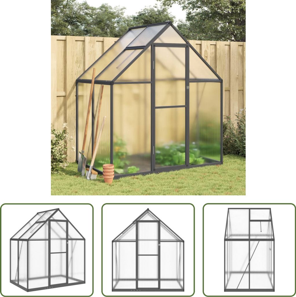 A collage of images showing a greenhouse. The main image shows a greenhouse in a garden setting, with gardening tools leaning against it. The smaller images below show different angles and models of greenhouses.