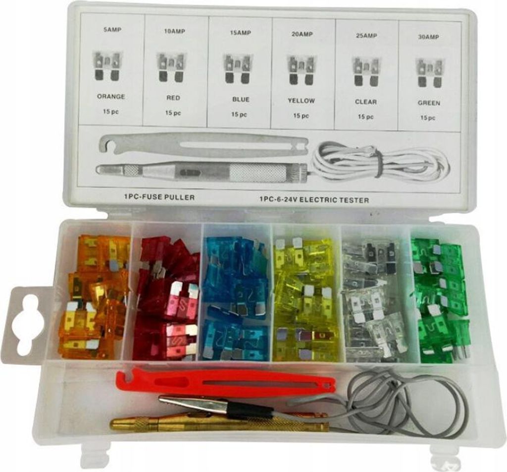 Rosfix Zink Sicherungen Set – 5A-30A Sicherungen | 93 Stück, Spannungstester, Zange | Fahrzeug- und Werkstattnutzung u.a.