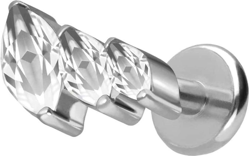 Ohrpiercing, Nasenpiercing Titan Labret mit Push Fit 3 EINGEFASSTE KRISTALLTROPFEN Silber Stablänge: 7mm | Stabstärke: 1,2mm