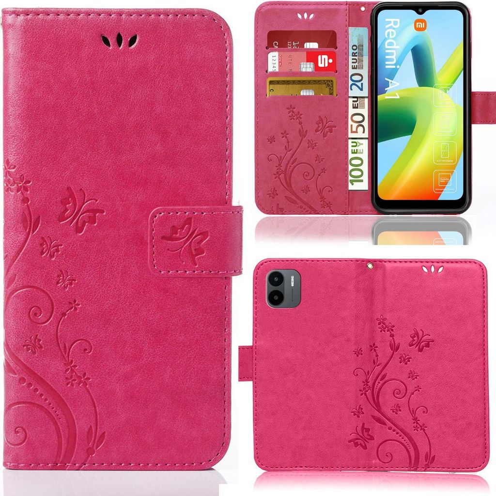A collage of images showing a pink phone case with a floral and butterfly design, including a view of the case open with cards and cash inserted, and a view of the back of the case with the phone inserted.