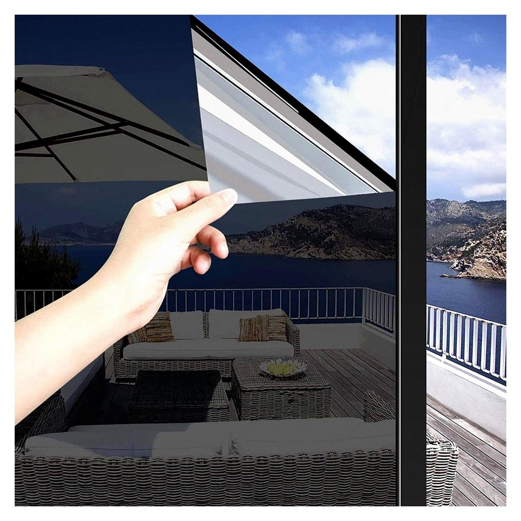 Fensterfolie Innen Transparent, Außen Blickdicht Schwarz, Spiegelfolie, Sonnenschutz, Selbsthaftend, Sichtschutz, 44,5x300cm