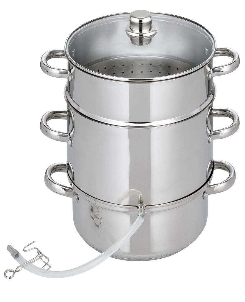 A stainless steel steamer pot with a glass lid and a clear tube attached to the bottom.