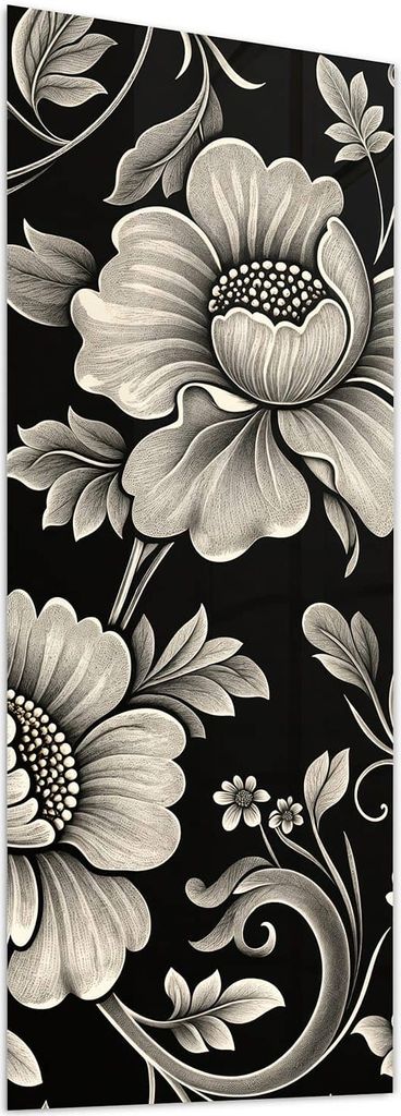 Glasbild 60x150cm in XXL für Wohnzimmer, Schlafzimmer Motiv Blumenmuster Schwarz