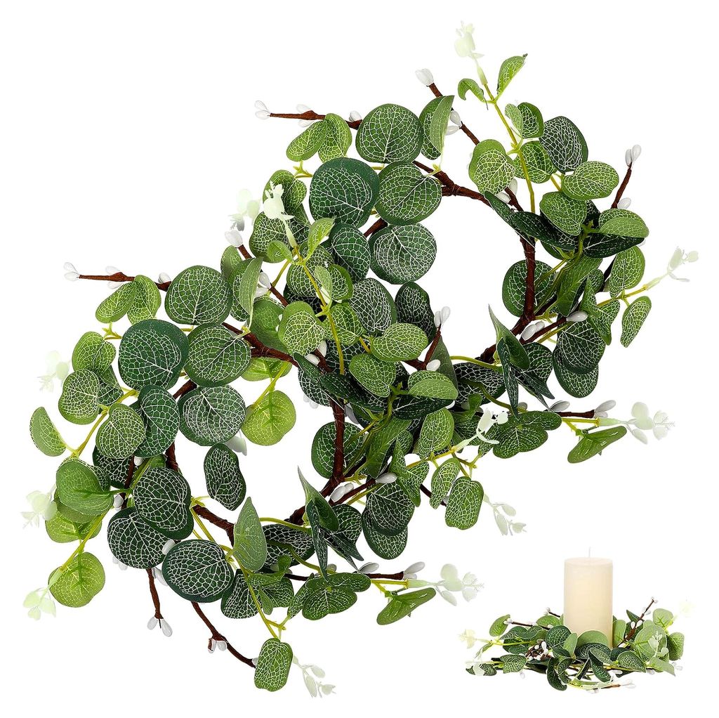 9,43'' Kerzenkranz mit Eukalyptus und Beeren, 2 Stück Kerzenring für Stumpenkerzen und Stabkerzen, Künstliche Frühlingsdekoration für Tisch, H...