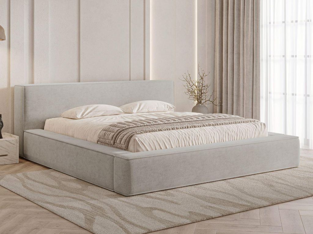 GrainGold Polsterbett Mali 140x200 cm - Bett 140x200, Polsterbett mit Bettkasten & Lattenrost - Bett mit Velvet-Stoff - Hellgrau