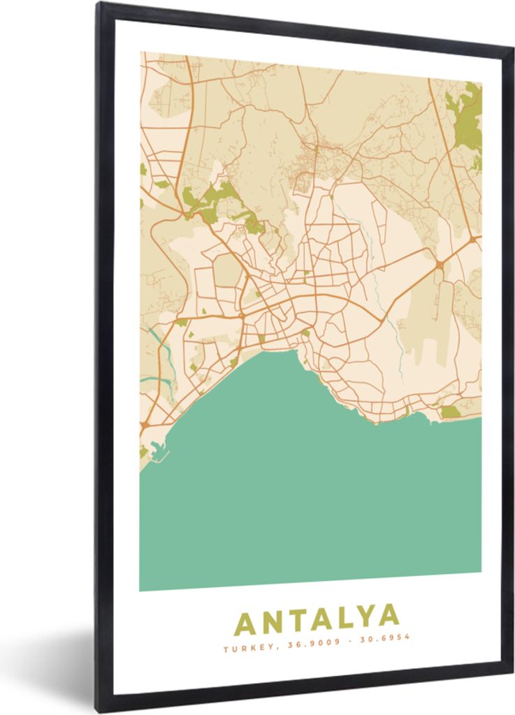 MuchoWow Gerahmtes Poster Antalya - Karte - Stadtplan - Vintage 40x60 cm - Poster mit Schwarzem Bilderrahmen Wandposter Rahmen Foto Bilder - Papi...