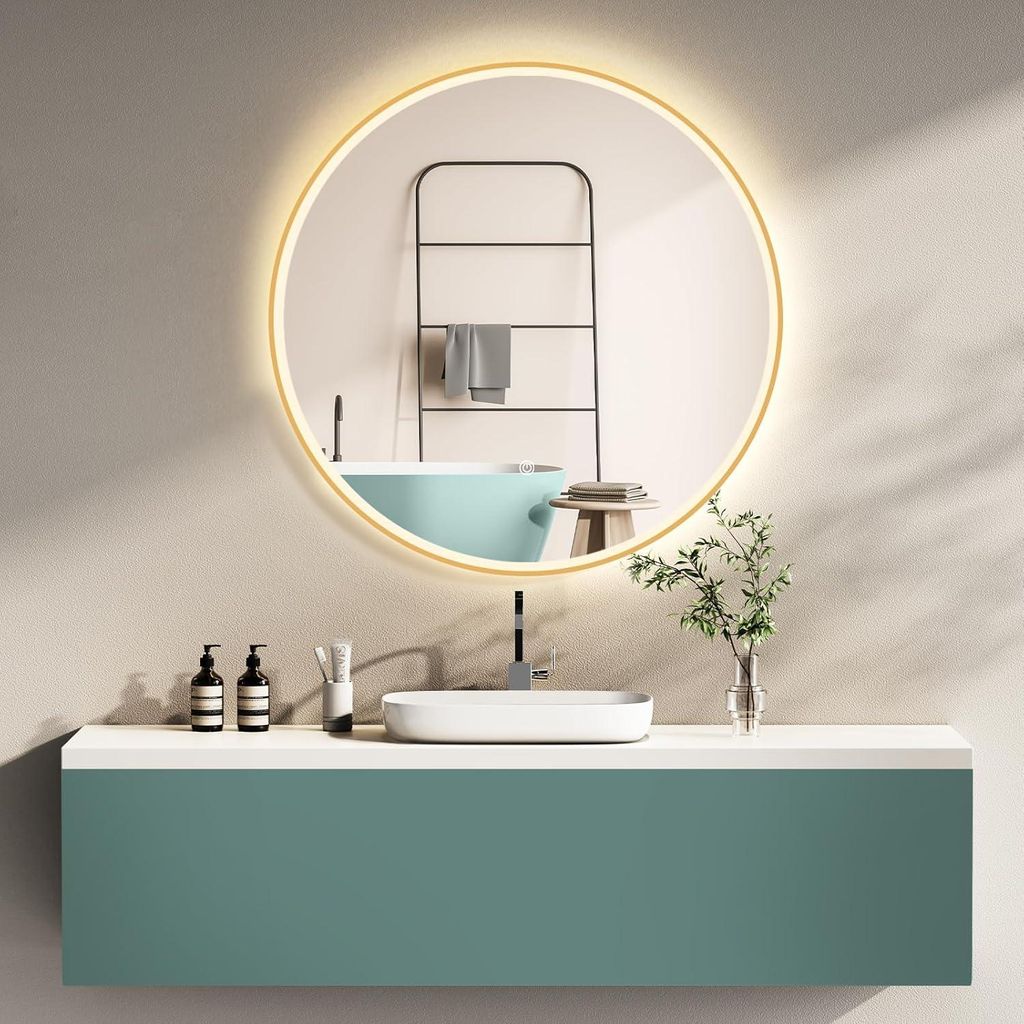HOKO Design Badspiegel rund 60 cm Riga mit Metall Rahmen Gold. Runder Wandspiegel Energiesparend LED beleuchtet, Touch Schalter,Lichtfarbe Wechsel.