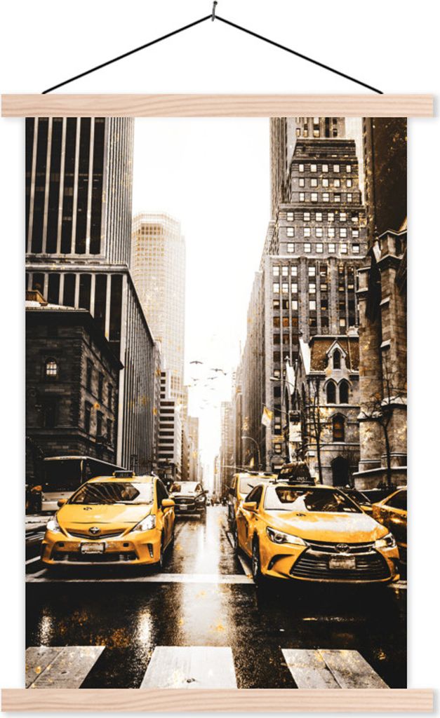 MuchoWow Textilposter Gold - Taxis - New York 60x90 cm mit holzfarbenen Rahmen - Textil