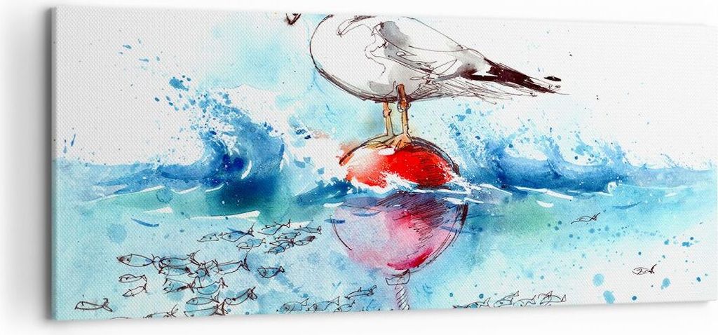 Bild auf Leinwand - Leinwandbild - Wasser Fische Möwe hungrig - 120x50cm - Wand Bild - Wanddeko - Leinwanddruck - Bilder - Kunstdruck - Wanddekora...