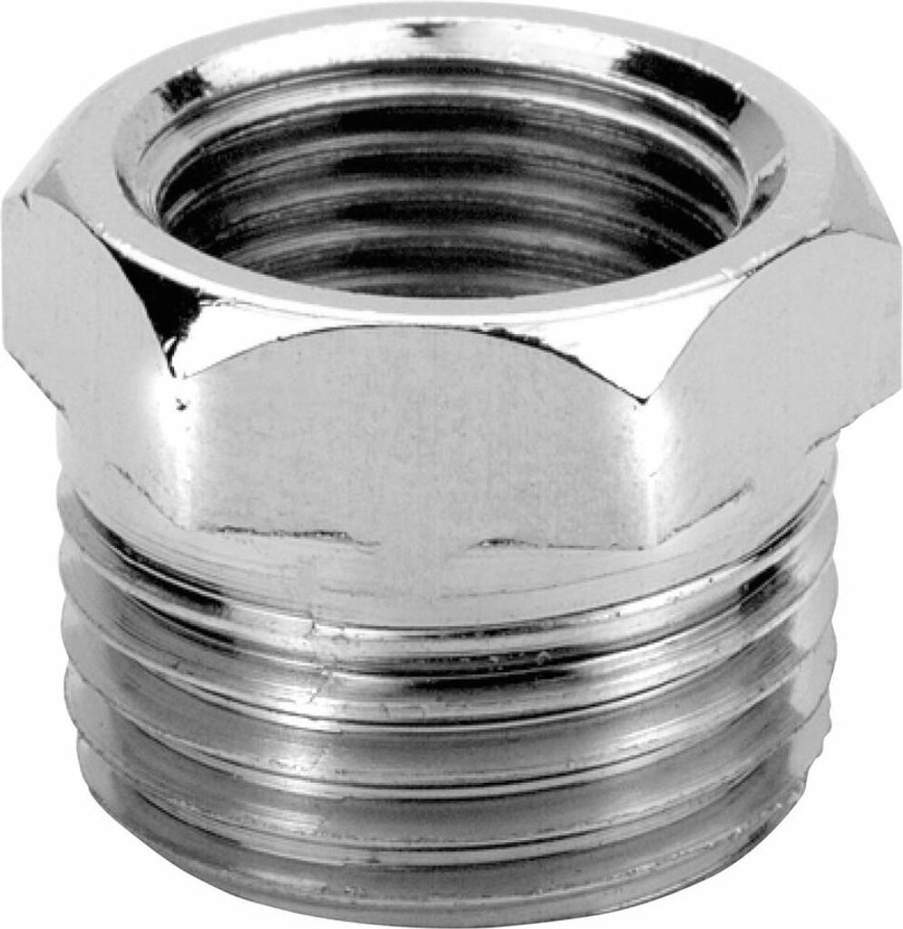 A close-up studio shot of a metal adapter.