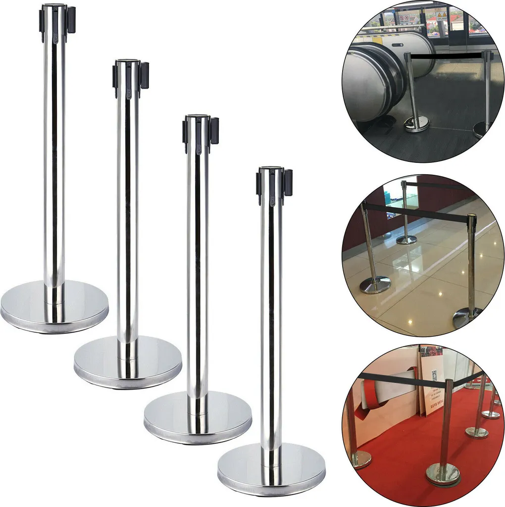 Lot de 4 poteaux barrières inox sangle 2m rétractable haute résistance