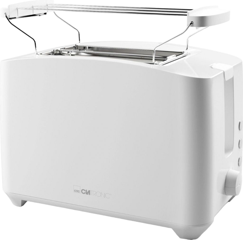 A white two-slice toaster with a warming rack on top.