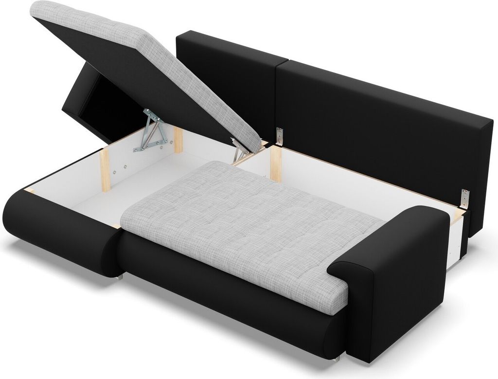 Links Ecksofa mit Schlaffunktion FORESTA, Sofa mit bettkasten 230x159cm, Grau + Schwarz