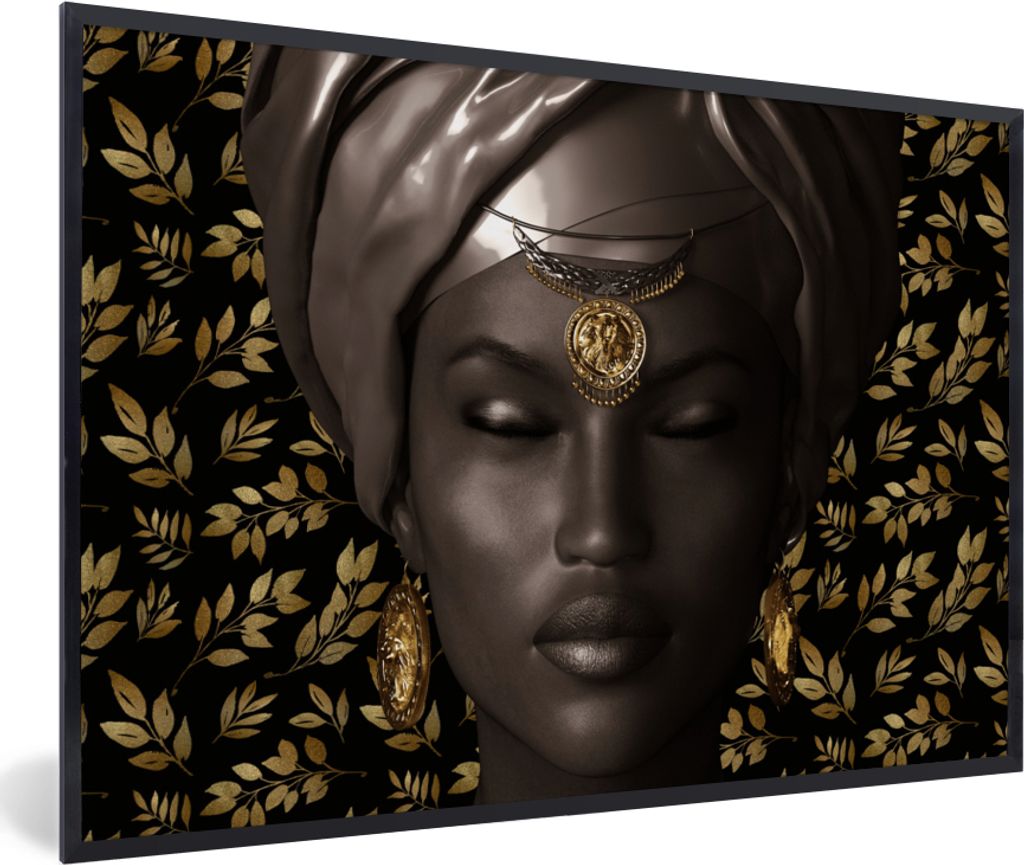 MuchoWow MuchoWow Gerahmtes Poster Frau - Laub - Schwarz - Weiß 60x40 cm - Poster mit zchwarzem Bilderrahmen - Printing - Wanddeko Schlafzimmer