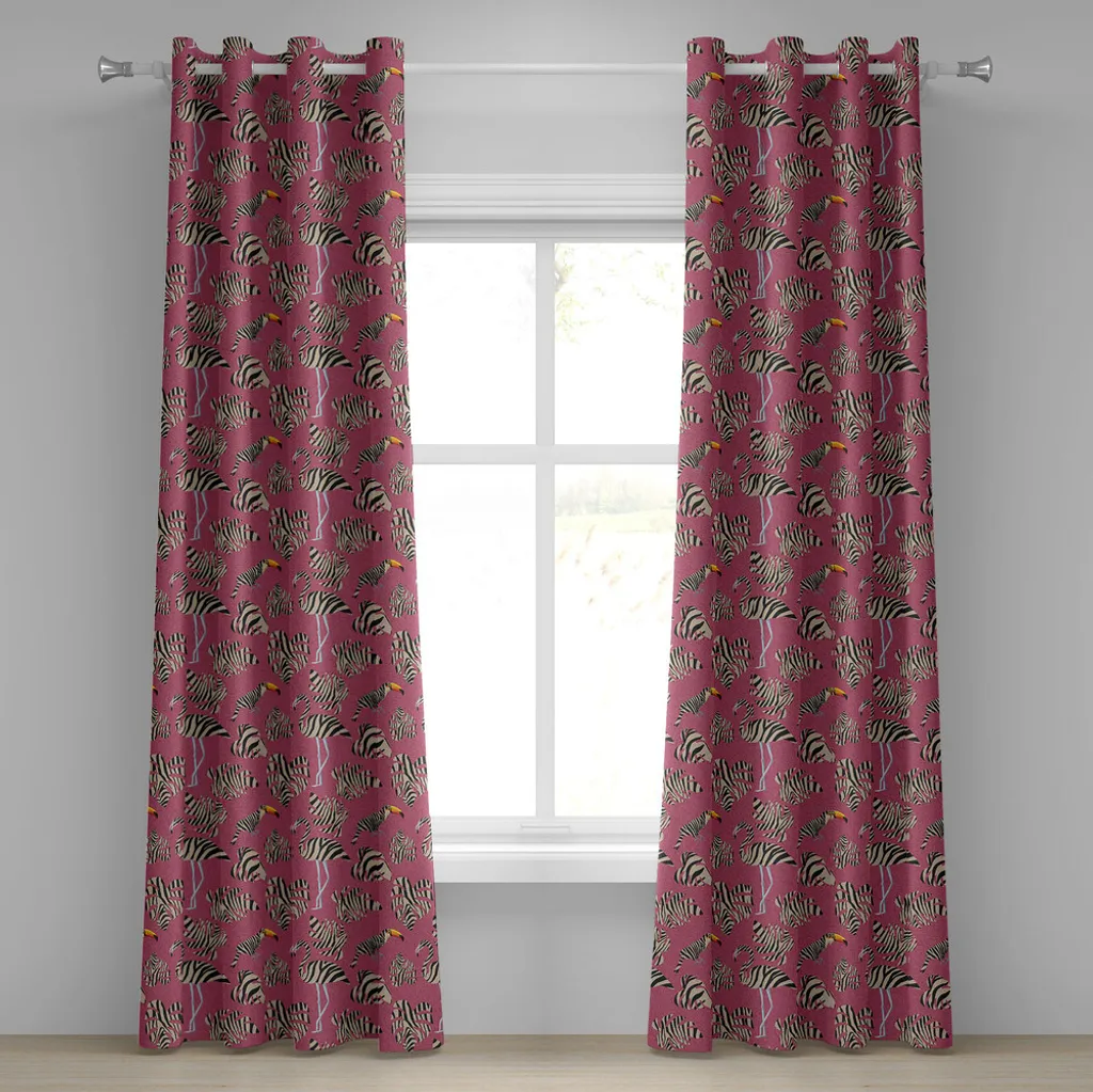 ABAKUHAUS Tenda con occhielli rosa zebrata, fenicotteri, tucani, grandi foglie tropicali in strisce zebrate, illustrazione psichedelica, tende decorative a 2 pannelli, 280 cm x 245 cm, rosa, marrone chiaro, nero