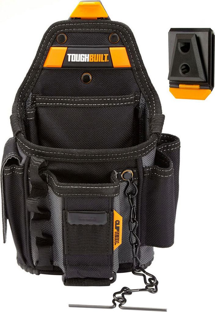 A tool pouch with a clip attachment, shown against a white background.