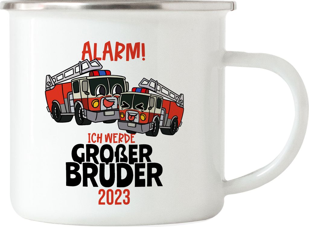 Ich Werde Großer Bruder 2023 Emaille Tasse Ankündigung Schwangerschaft Feuerwehr-Auto Alarm Babynews