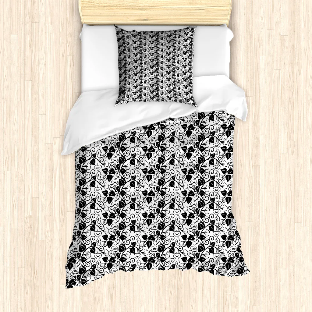 ABAKUHAUS Set copripiumino bianco e nero per letti singoli, fiori rampicanti, antiacaro, adatto a chi soffre di allergie, con federa, 135 cm x 200 cm - 80 x 80 cm, bianco e nero