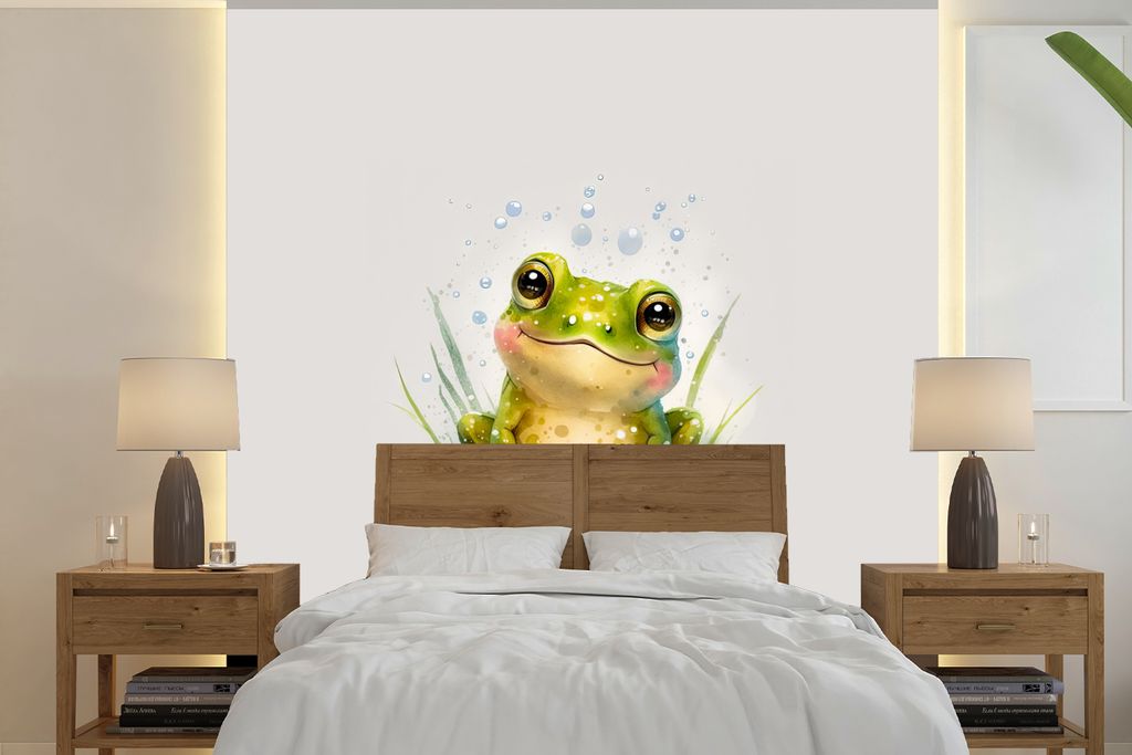 MuchoWow Fototapete für Wohnzimmer oder Schlafzimmer Wandtapete Vinyl Motivtapete Frosch - Grün - Aquarell - Tiere - Junge - Mädchen - 240x240...