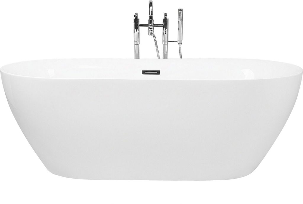 BELIANI Badewanne Weiß Acryl Oval Freistehend 160 x 75 cm mit Überlaufsystem Modern Badezimmer Ausstattung