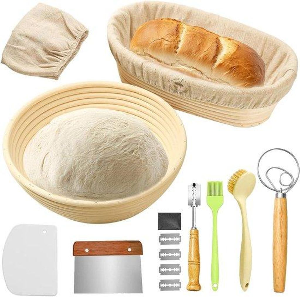 Brotbackset mit zwei Gärkörben - 23 cm runde und 25 cm ovale Form - Set inklusive Garde - Teigkrummer - Brotmesser - Reinigungsbürste