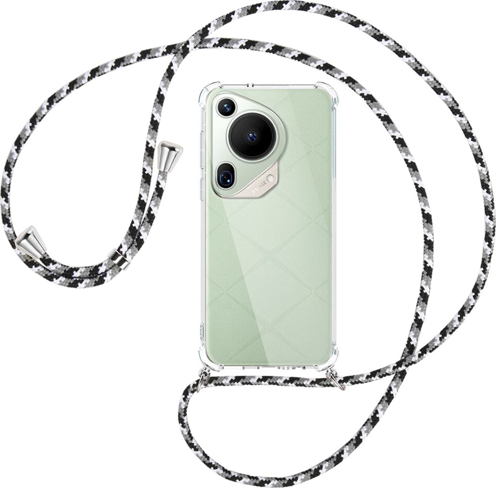Handykette Backcover-Schutzhülle mit Band (Metall silberfarben) für Huawei Pura 70 Ultra - schwarz/grau/weiß