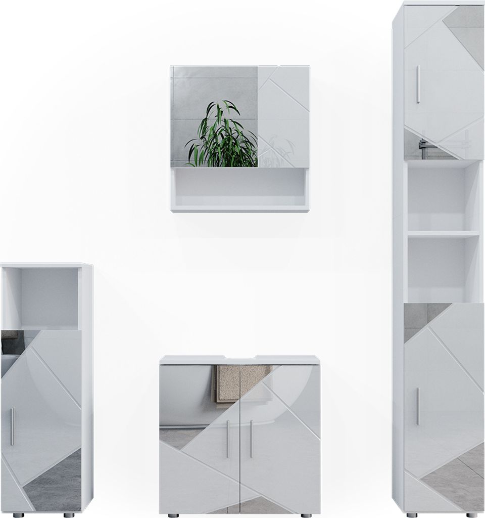 Badmöbel-Set Vicco Irma Weiß Hochglanz mit Einsätzen 4 Teile, mit Hochschrank, Model 39666