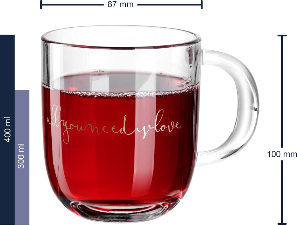 Leonardo Emozione Geschenk Tassen 4er Set, "All you need is love" Design, spülmaschinengeeignete Tee und Kaffee Becher mit goldenem Schriftzug, ...