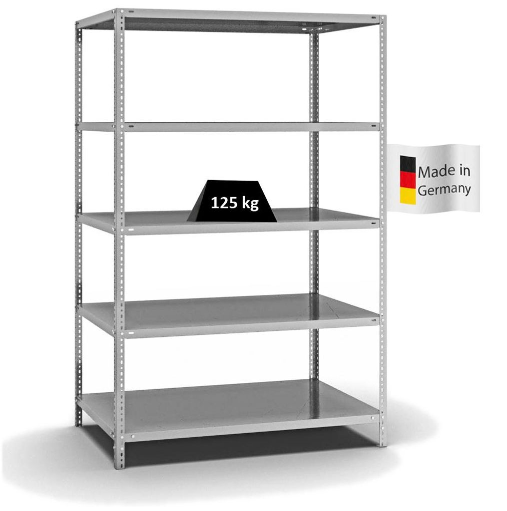 PROREGAL Fachbodenregal Schraubsystem MAGNUS Germany | HxBxT 200x130x80cm | 5 Ebenen | Fachlast 125 kg | Beidseitig nutzbar | Verzinkt