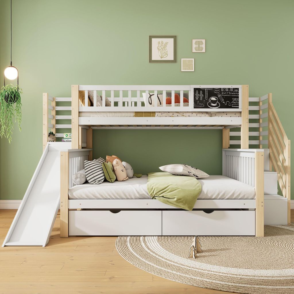 Flieks Etagenbett 90x200cm/140x200cm, Kinderbett mit Rutsche & Tafel, Hochbett mit Treppe & 2 Schubladen, Stockbett Holzbett 2 Kinder, Naturbelassen