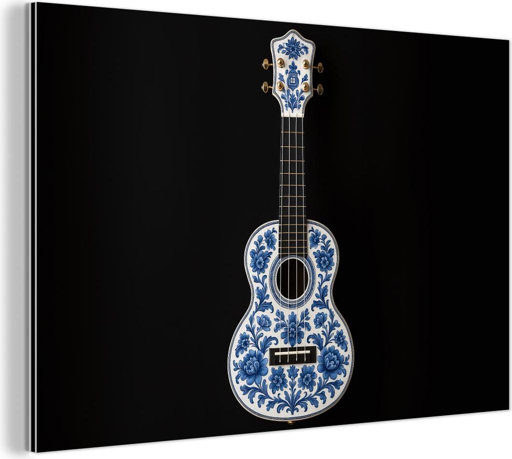MuchoWow Wanddekoration Metall Metallbild Wandkunst 30x20 cm Ukulele - Delft - Blau - Musik MuchoWow Aluminium Gemälde - Aluminiumgemälder