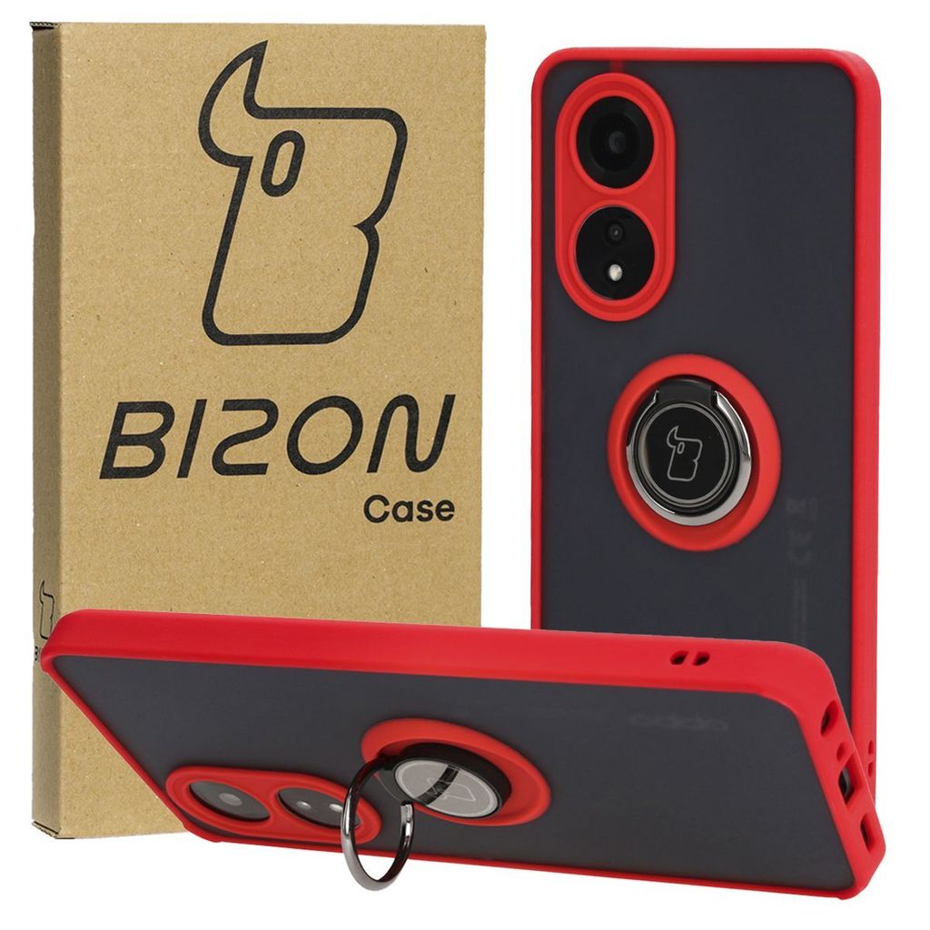 Bizon Case Hybrid Ring Fingerring Hülle für Oppo A58 4G, Rauch mit rotem Rahmen