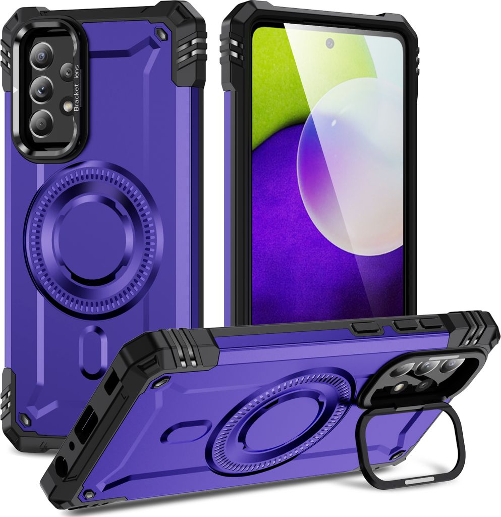 Magnetisch Hülle für Samsung Galaxy A52 / A52s 5G, Heavy Duty Militärischer Stoßfest Handyhülle Kamera-Ringständer Lila