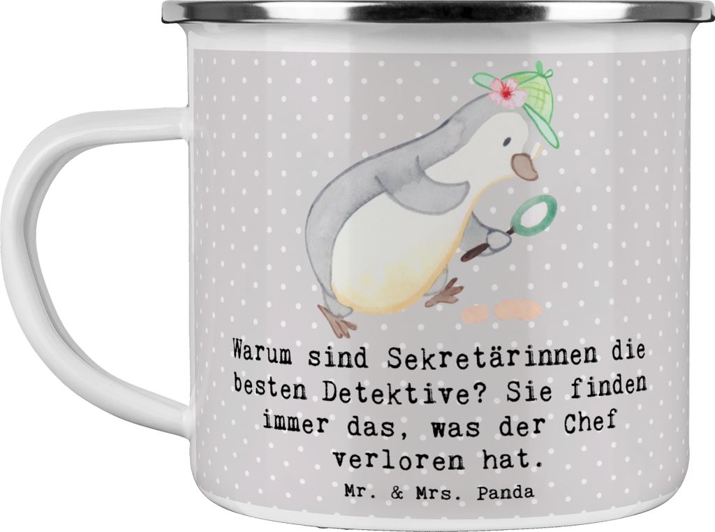 Mr. & Mrs. Panda Emaille Tasse Sekretärin Detektiv - Grau Pastell - Geschenk, Arbeitsatmosphäre, Beruf, Fundfinderin, Sekretärinnen, Haferl, Pot...