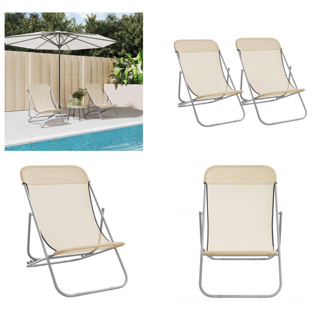 vidaXL Strandstühle 2 Stk. Creme Textilene & Pulverbeschichteter Stahl - Strandstuhl - Strandstühle - Liegestuhl - Garten Liegestuhl