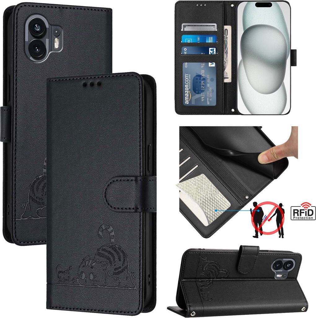 Leder Hülle für Nothing Phone 2A / 2A Plus Süße Katze Flip Case Brieftasche Schutzhülle mit Standfunktion Schwarz